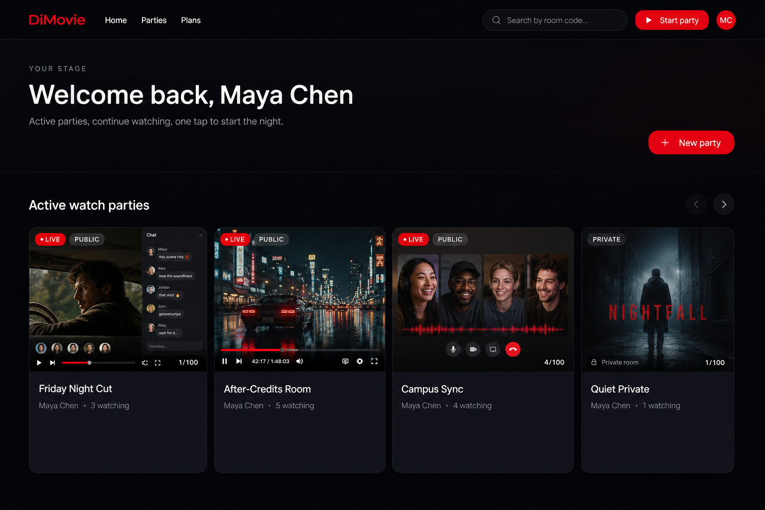 DiMovie dashboard showing active watch party rooms