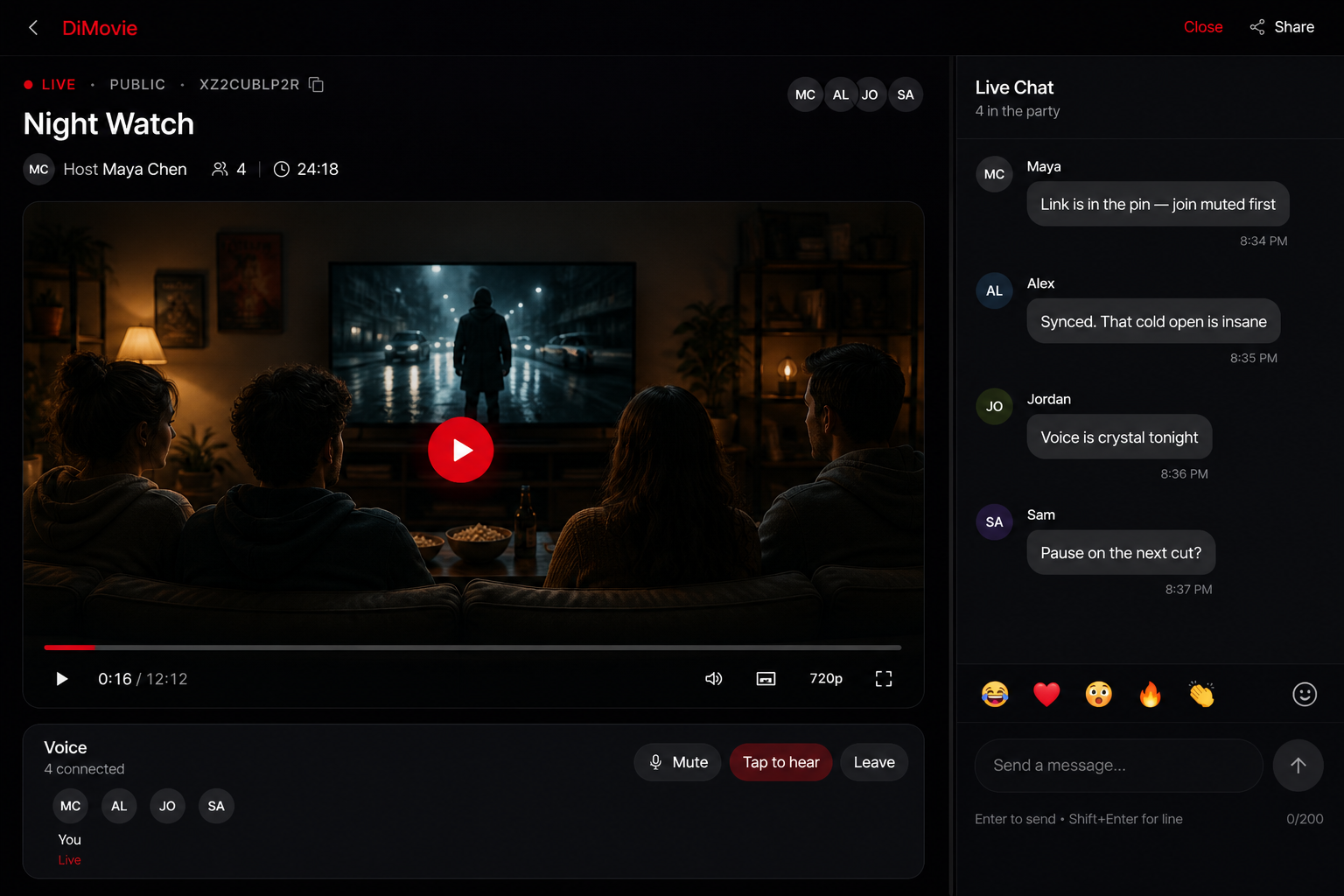 DiMovie watch party with synced video and live chat