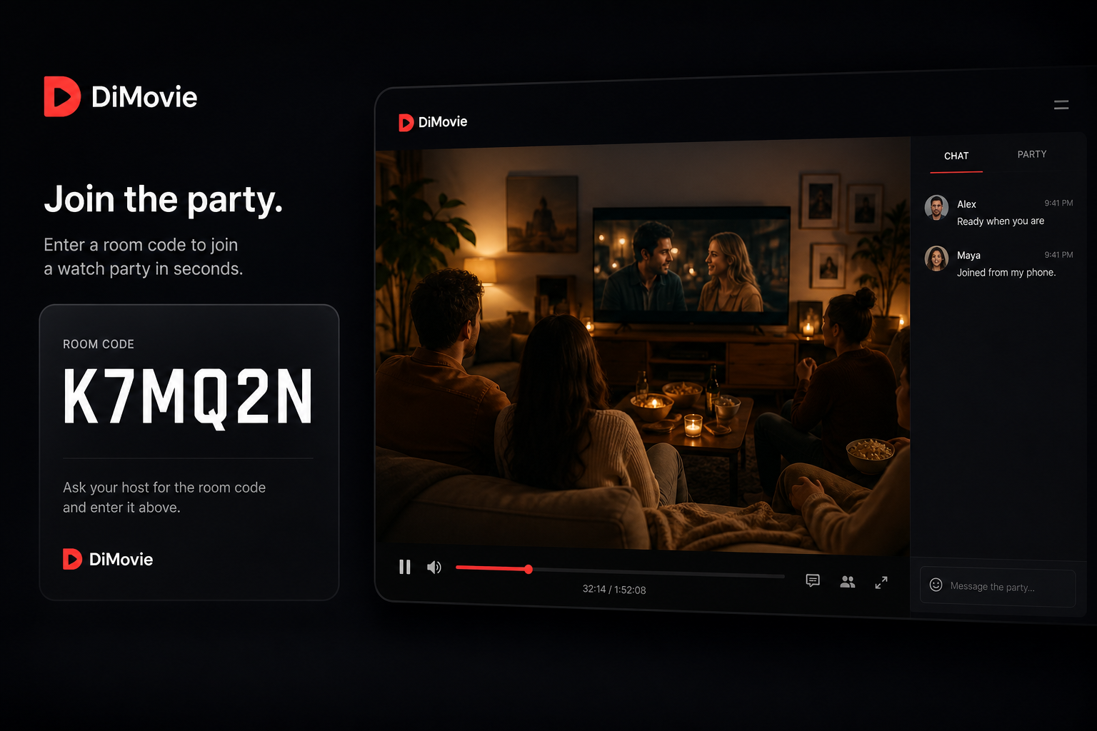 DiMovie join screen with a room code and party preview
