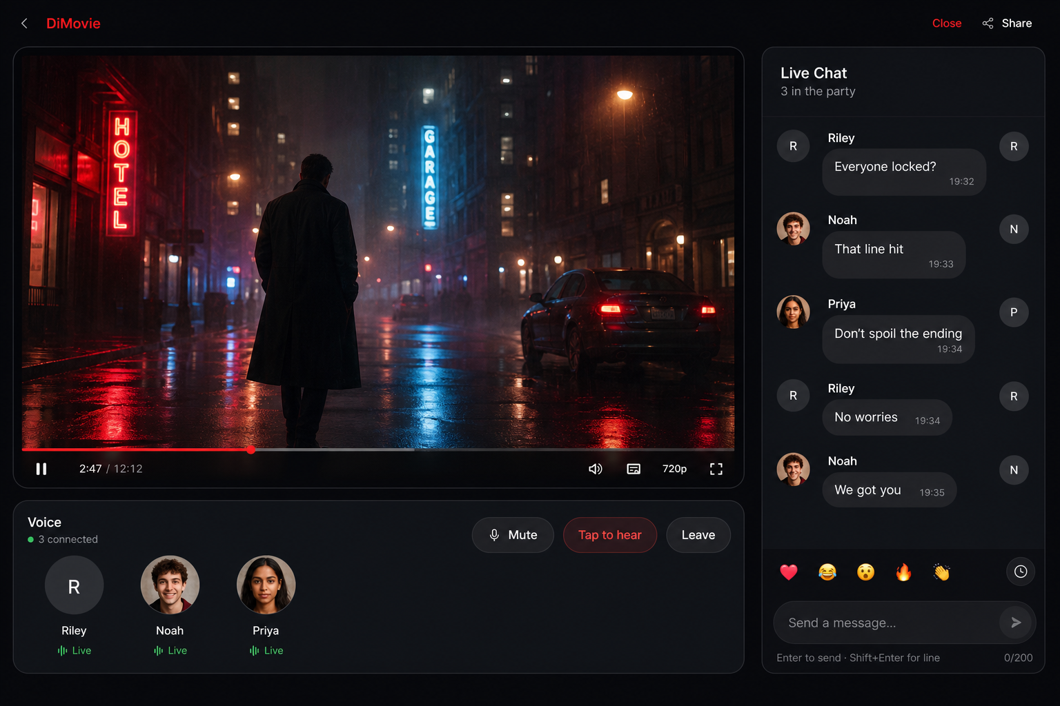 DiMovie watch party with video, voice dock, and live chat